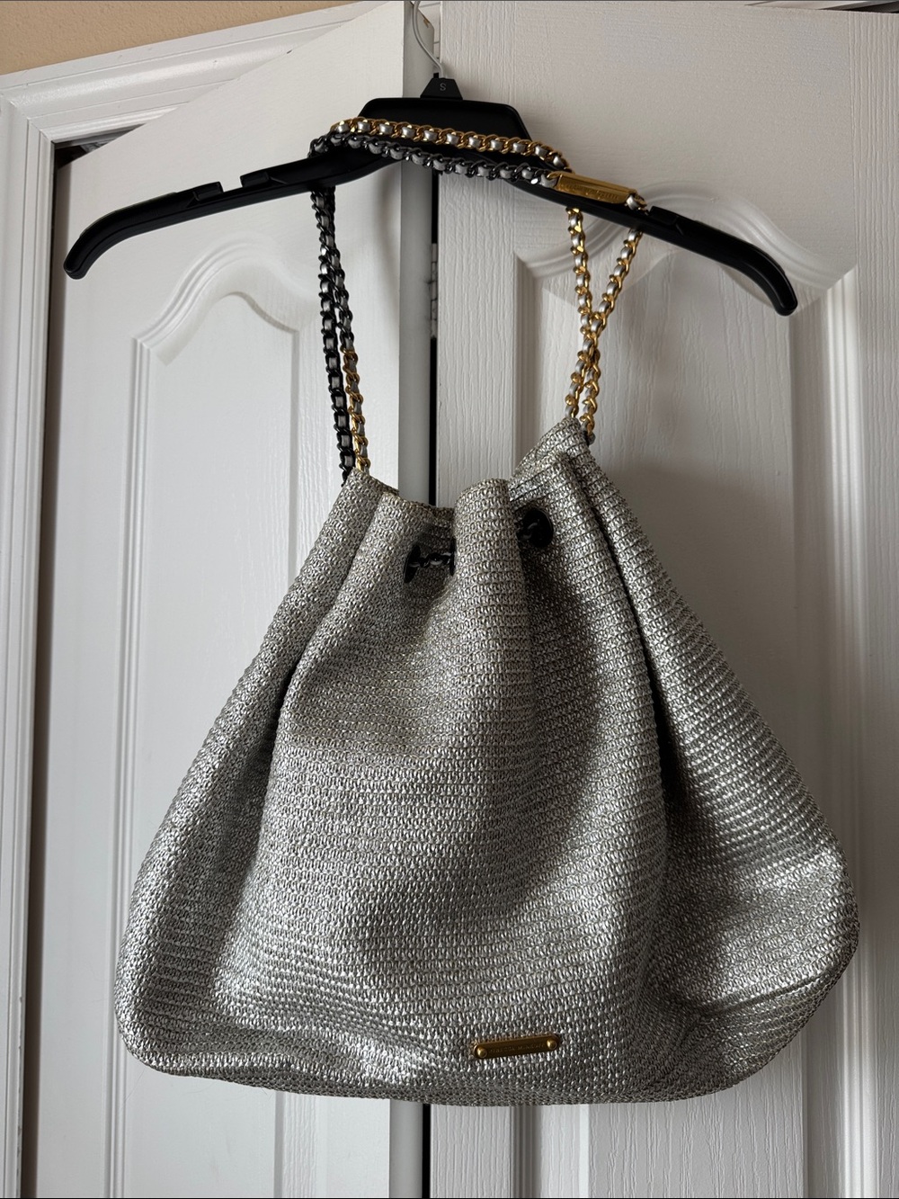 Rebecca Minkoff Metallic Silver Drawstring Hobo with Mixed Chain Straps